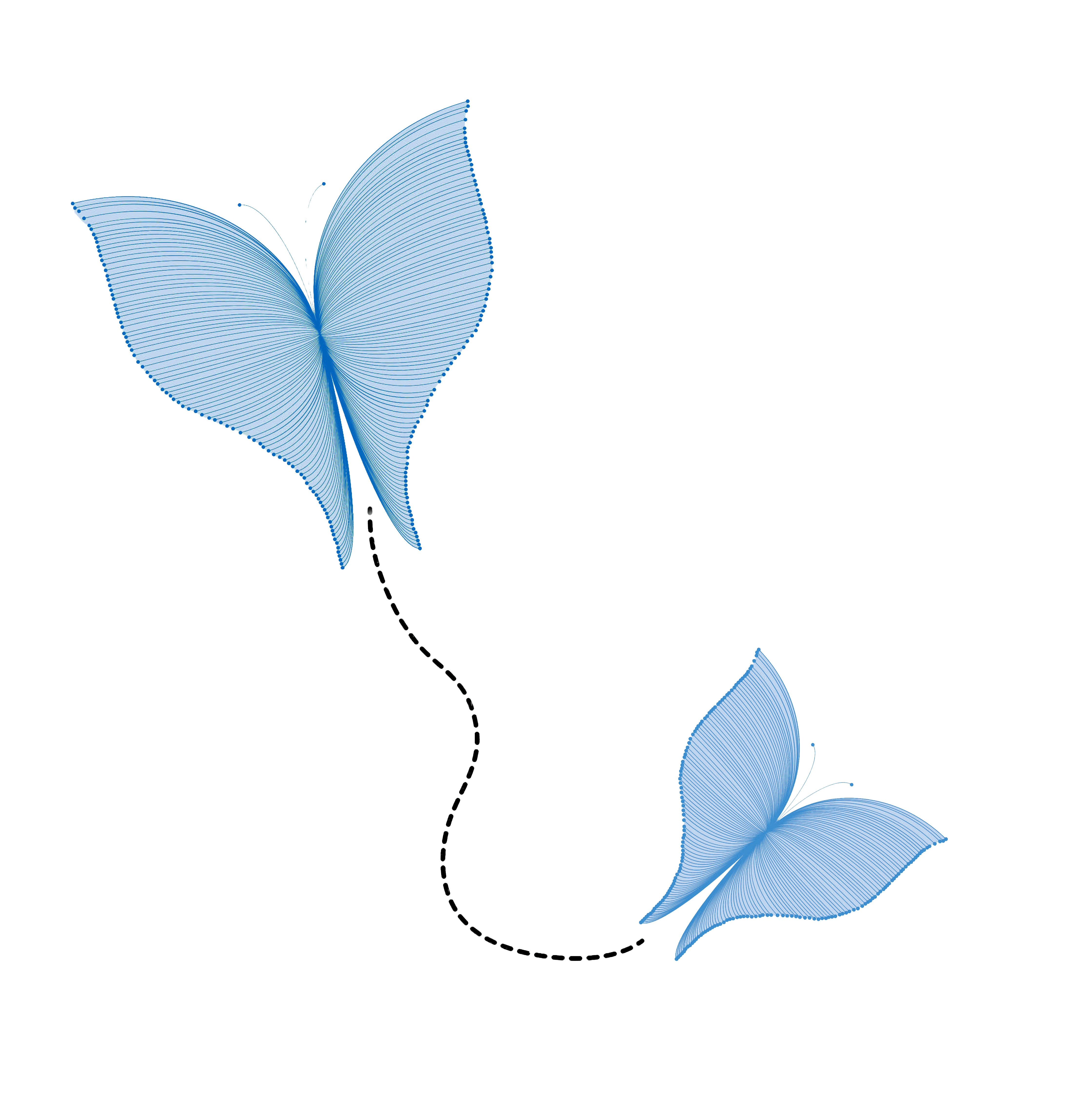 two blue line-art butterflies, flying in opposite directions with a white trail connecting them
