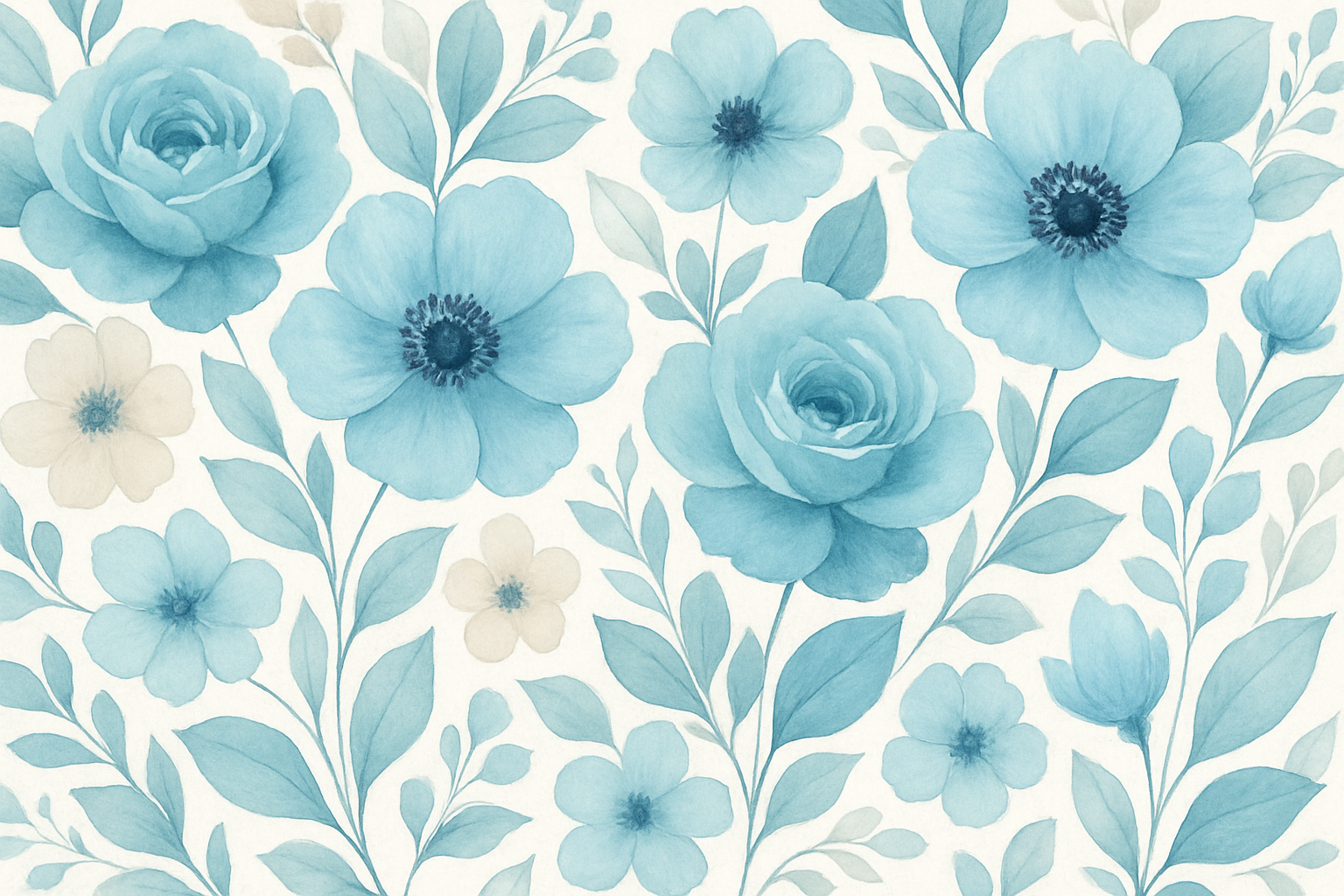 large blue flowers, with smaller eggshell coloured flowers and blue leaves