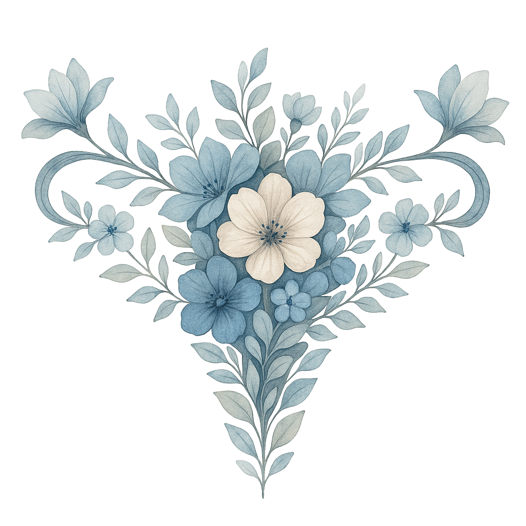 blue flowers and leaves which make the shape of an abstract uterus