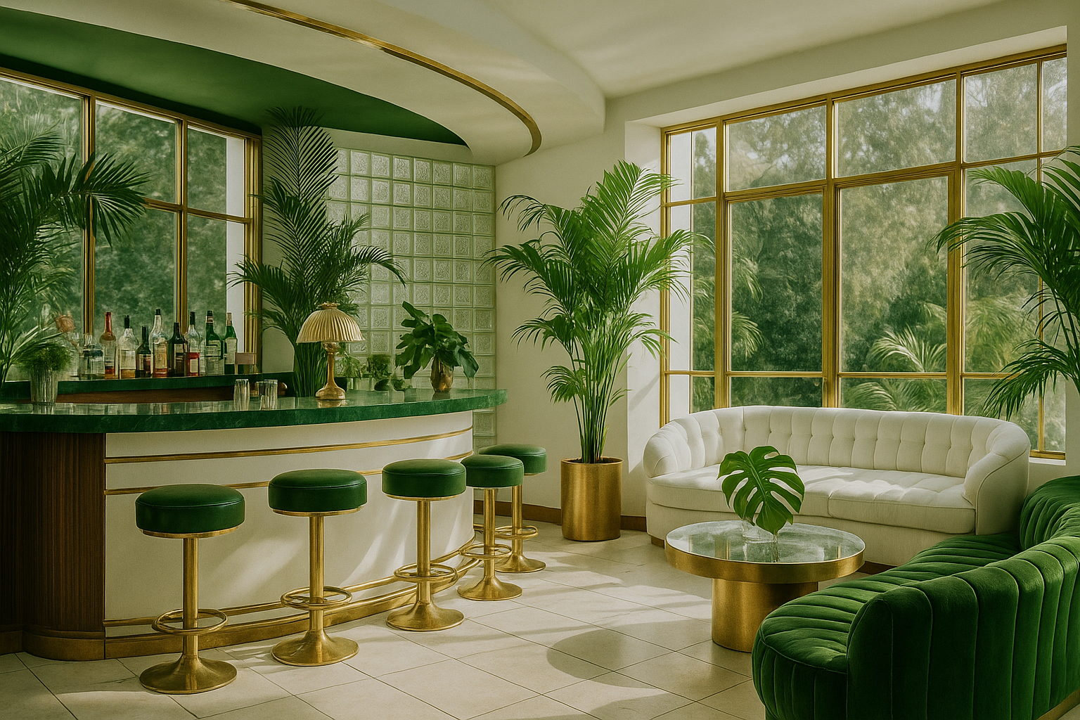 Glasshouse bar, white and green interior with plants