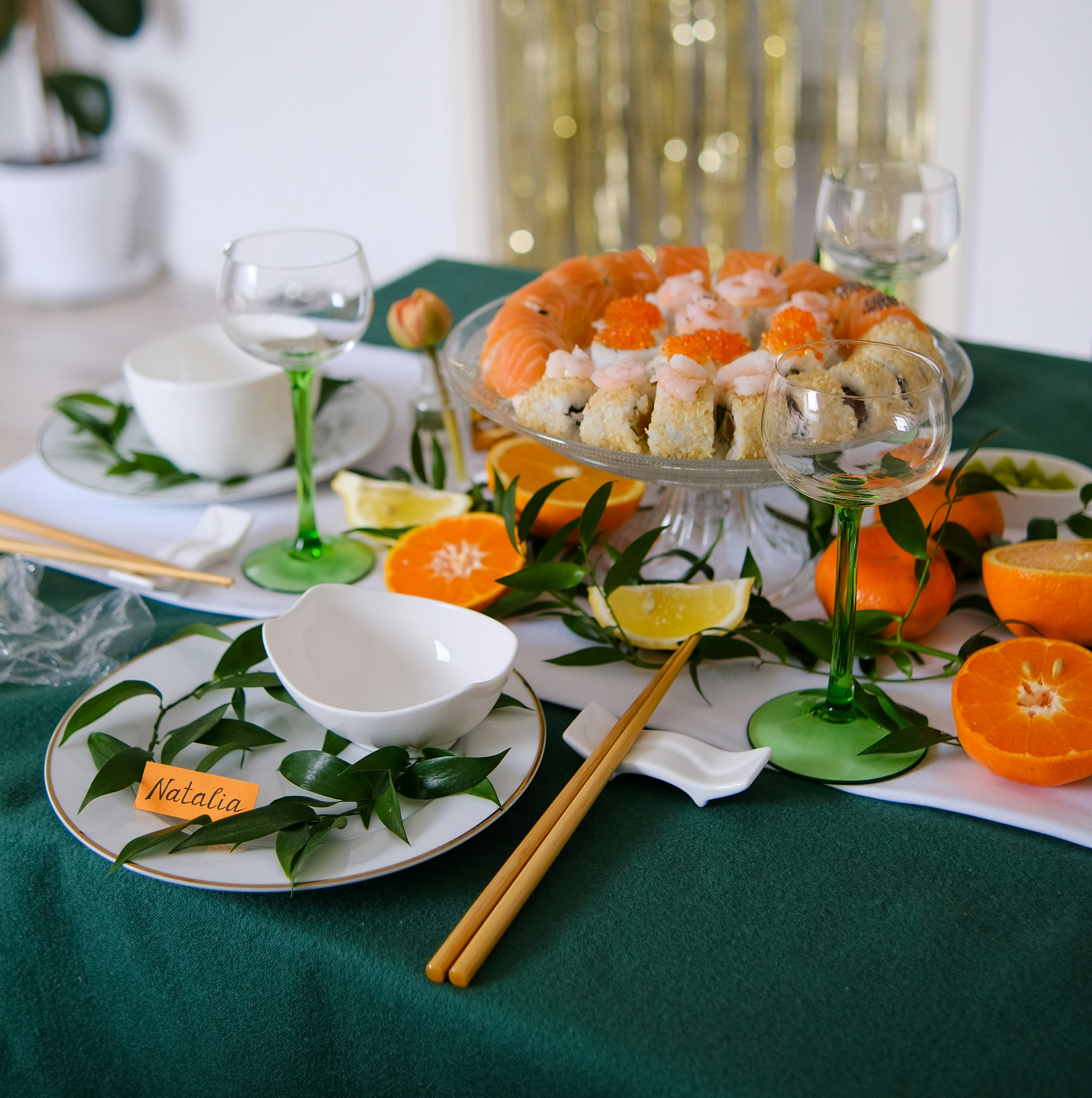 Table spread with share platter and seating arrangements