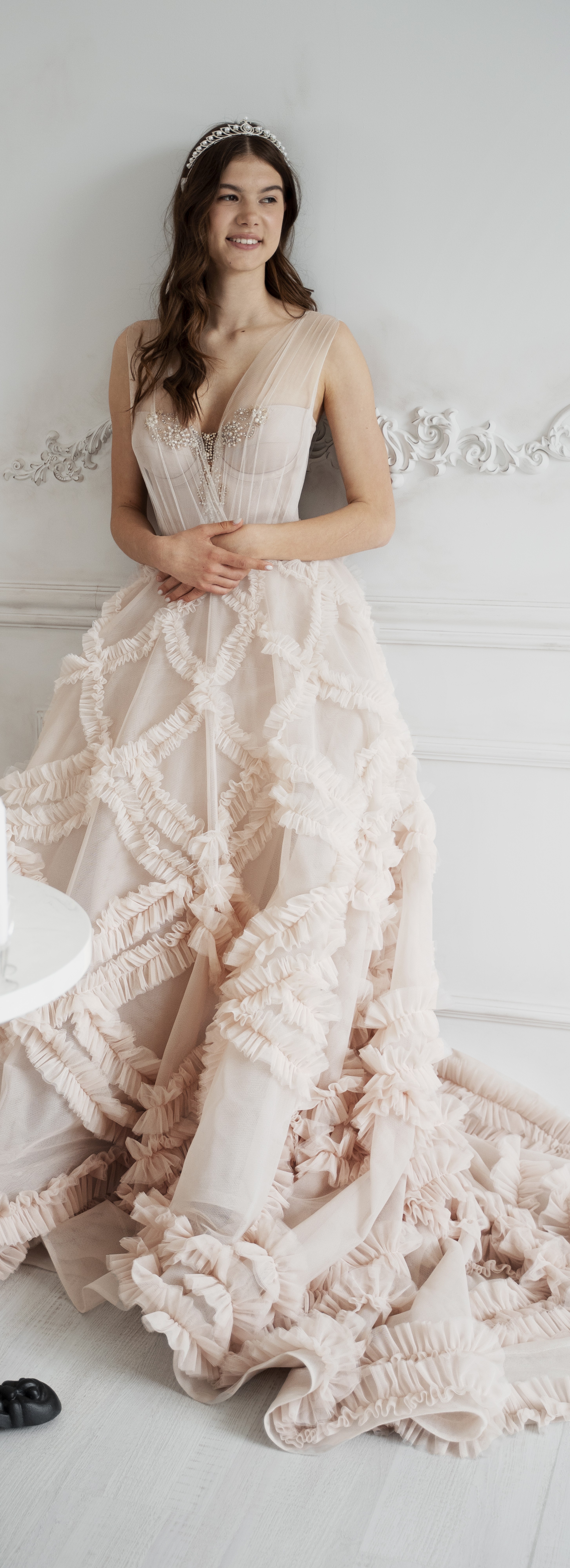 Rose color, tulle and bead ball gown